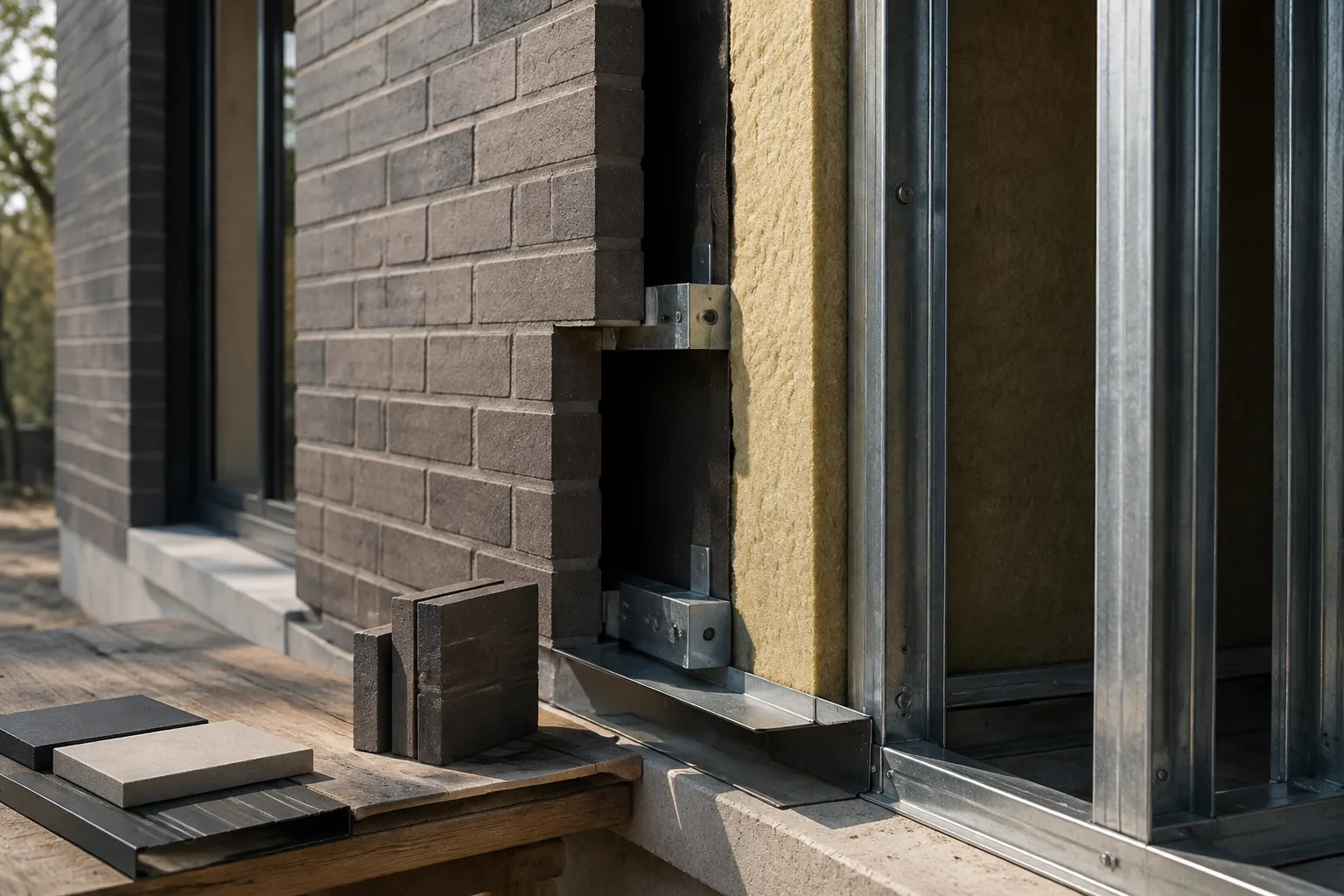 AI-generated illustration of brick, insulation and metal framing at an unfinished exterior wall interface.