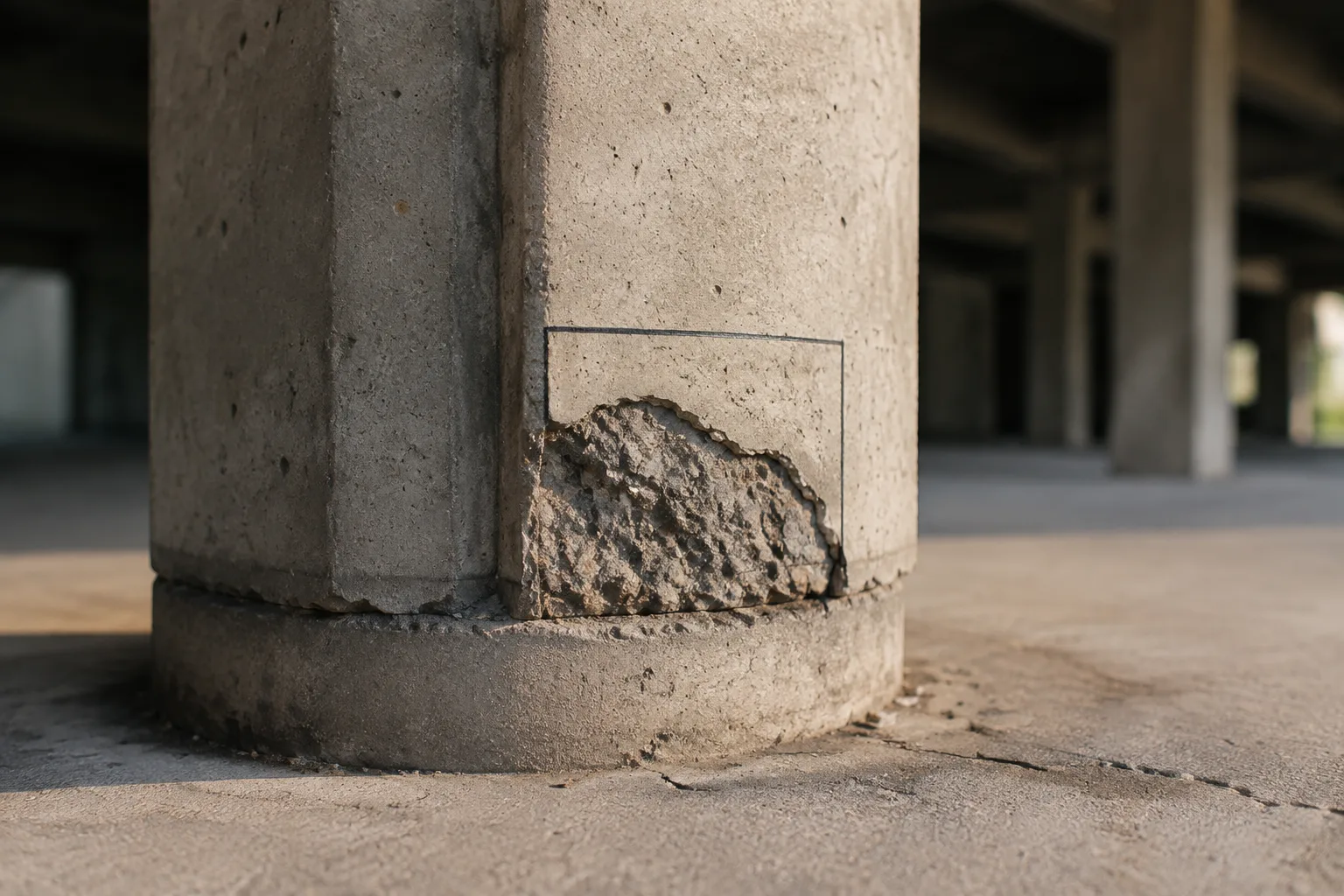 AI-generated illustration of a concrete column with localized spalling and an outlined assessment area.