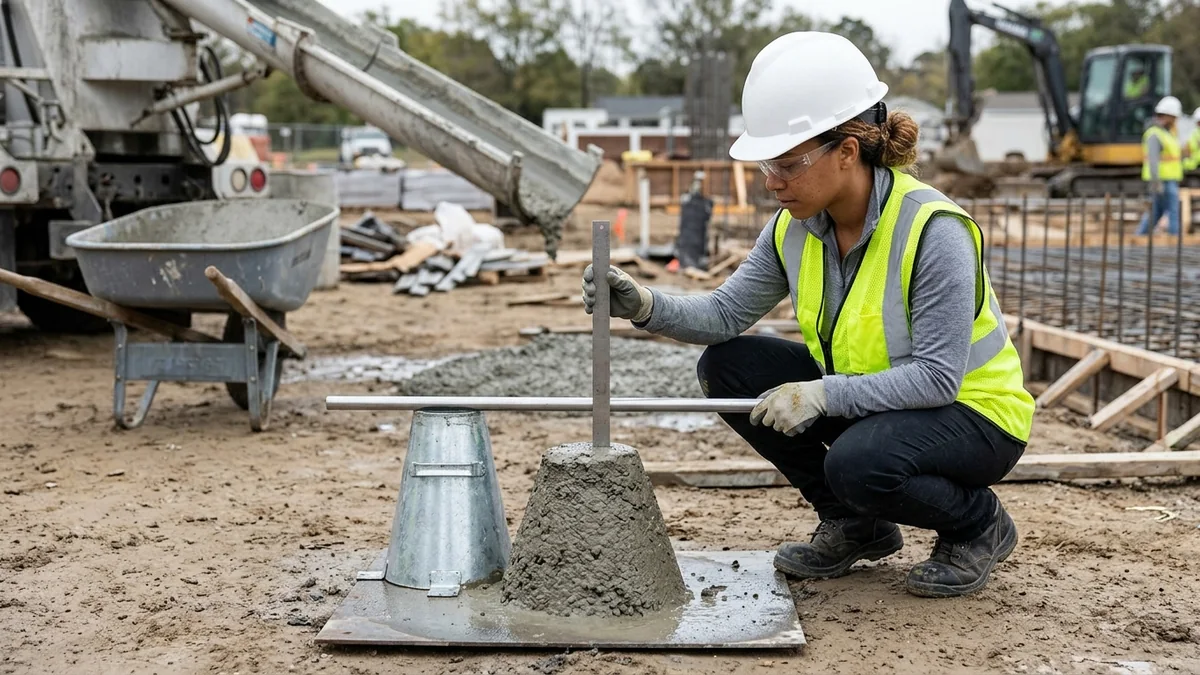 Concrete field technician measuring fresh concrete slump height with a steel tamping rod and metal rule next to a slump cone