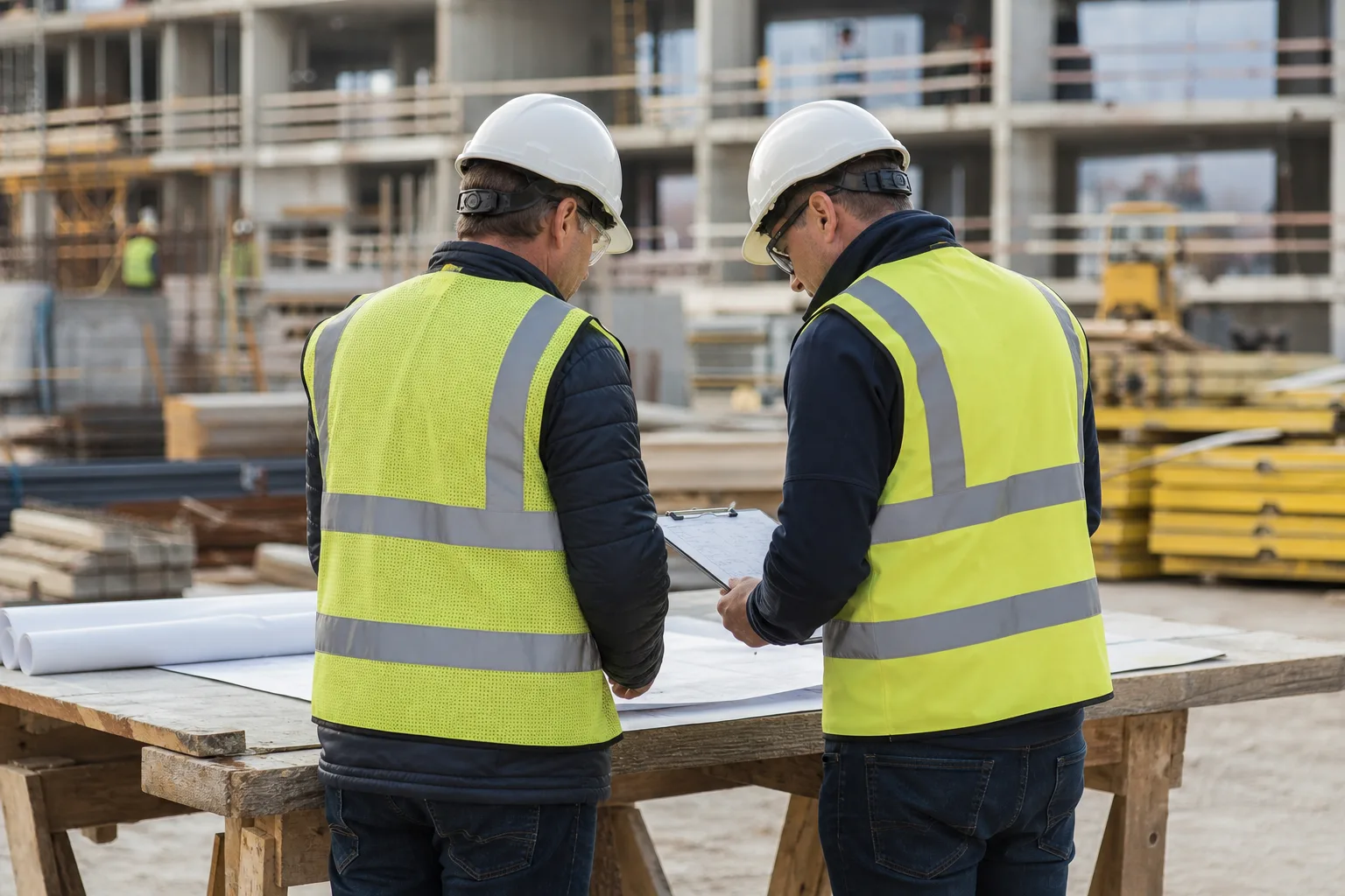 AI-generated illustration of two hard-hat site supervisors discussing drawings beside a work table.