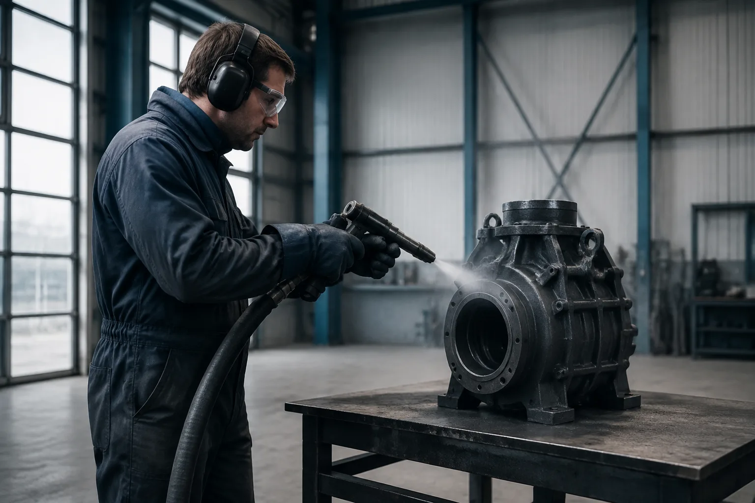 AI-generated illustration of a technician using a blasting nozzle on a metal machinery casing in an industrial bay.