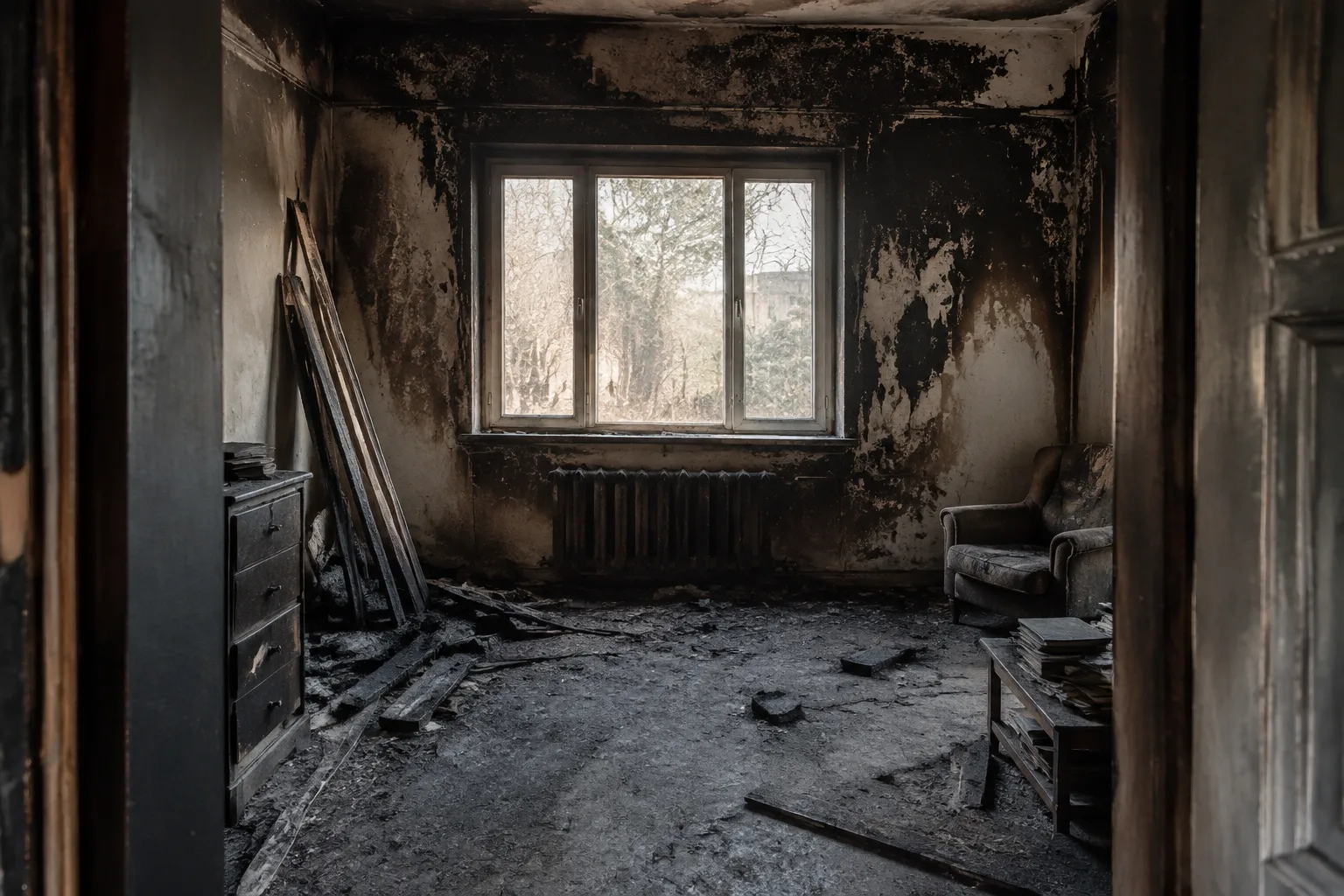 AI-generated illustration of an unoccupied fire-damaged room with soot-darkened walls and daylight through a window.