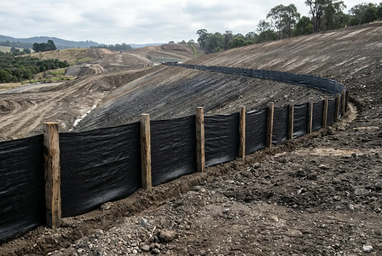 Black woven geotextile silt fence installed along a graded earthwork contour with wooden support stakes on the downslope side and an upslope J-hook curve