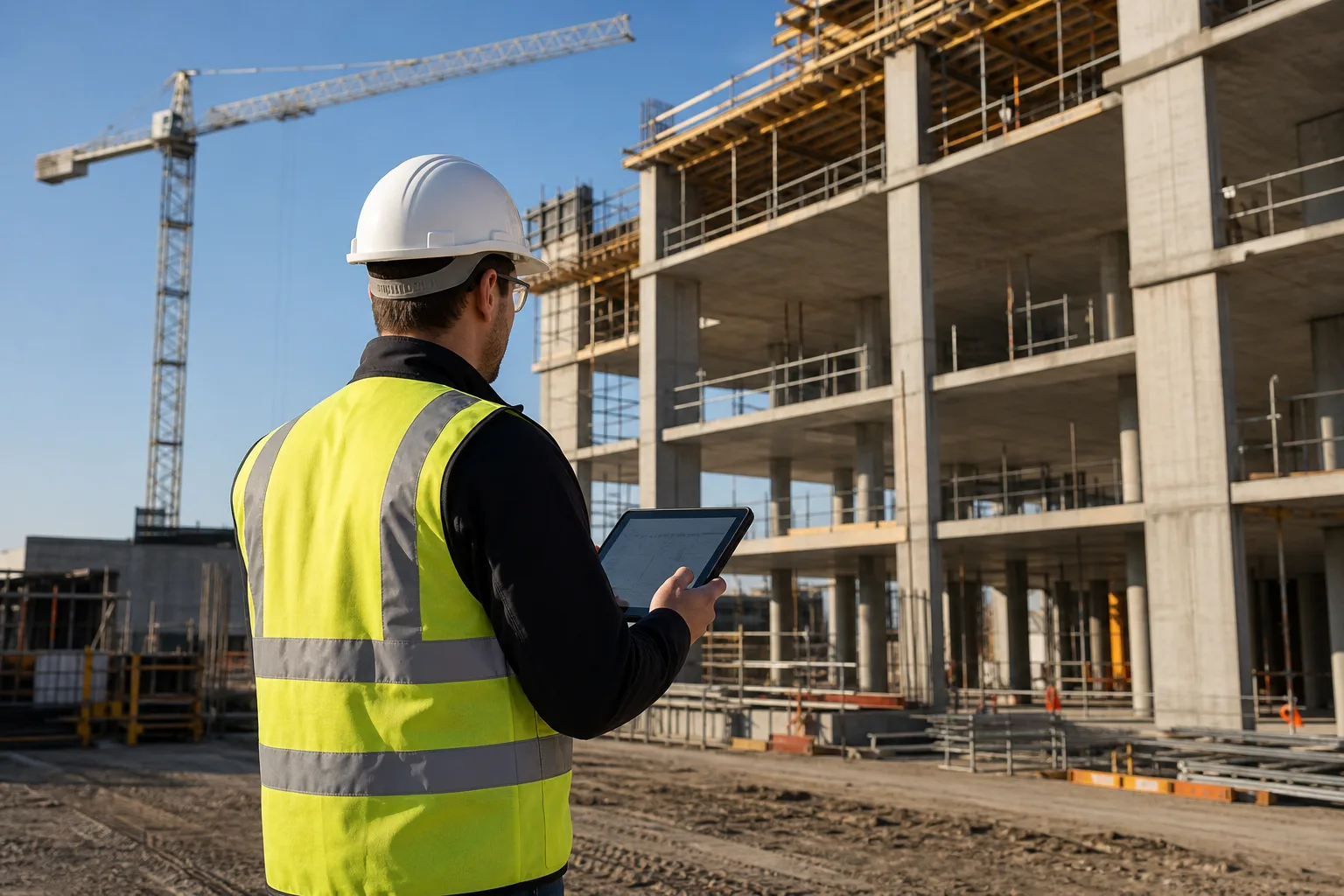 AI-generated illustration of a hard-hat engineer using a tablet beside a concrete building under construction.