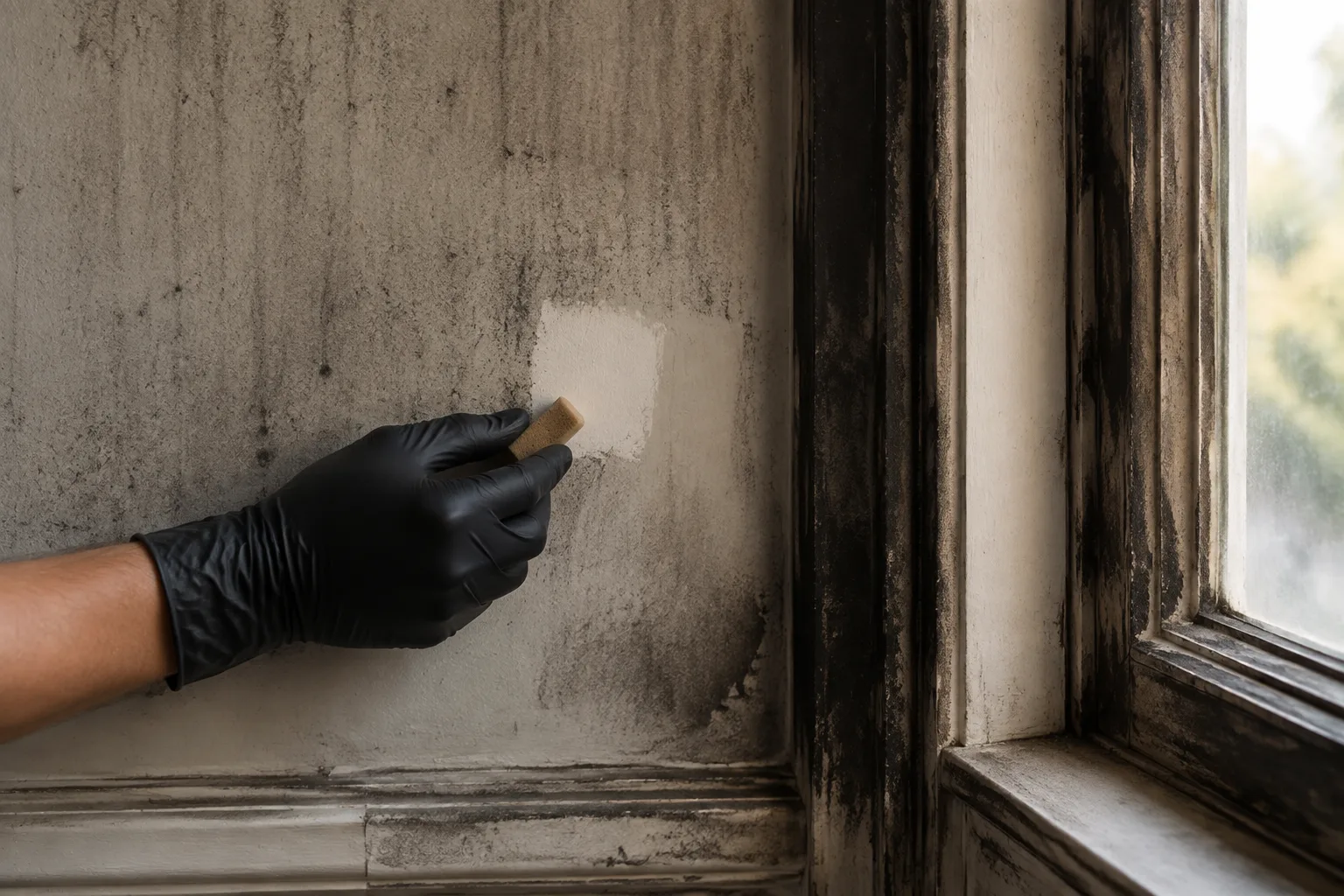 AI-generated illustration of a gloved hand holding a cleaning sponge beside a soot-marked interior wall.