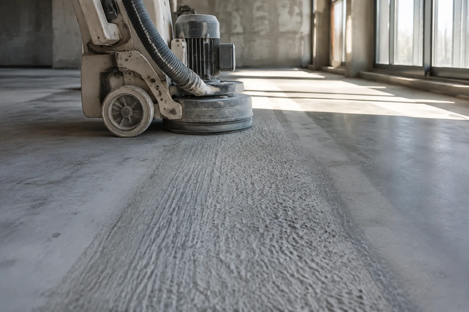 AI-generated illustration of a dust-extraction floor grinder beside textured concrete in a sunlit work area.