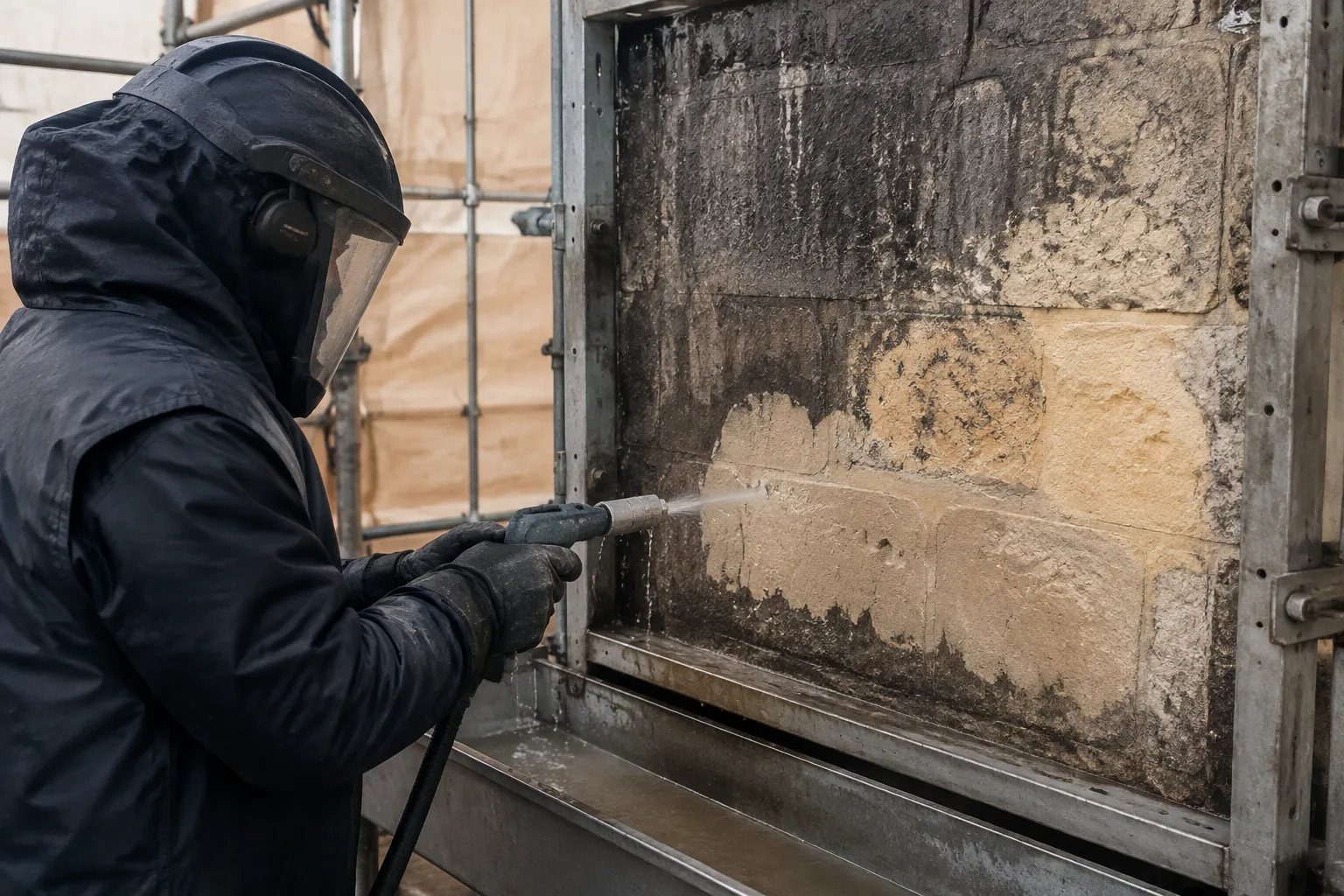 AI-generated illustration of a protected operator directing a wet cleaning nozzle at a masonry test panel.
