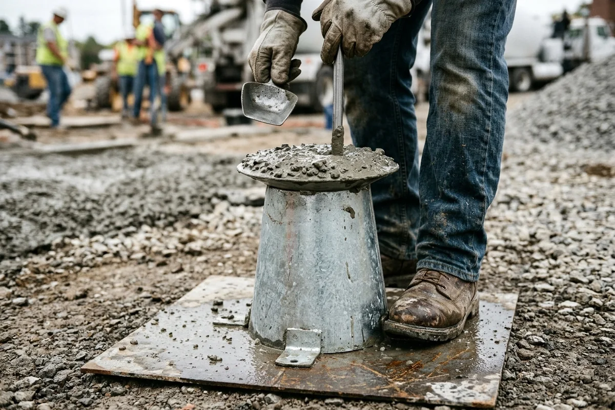 Field technician standing on slump cone foot pieces while rodding the overfilled top concrete layer with a rounded steel tamping rod
