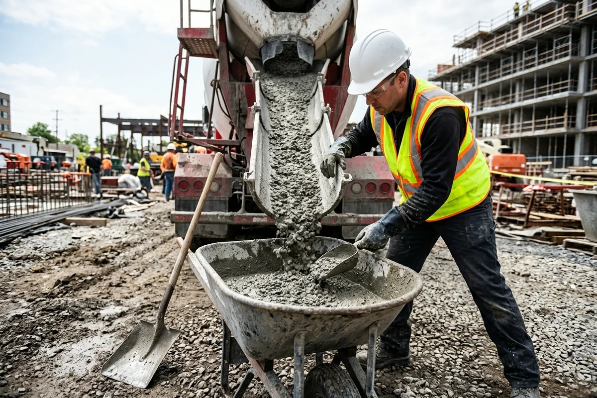 Concrete field technician collecting fresh ready-mix concrete from a mixer truck discharge chute into a steel wheelbarrow