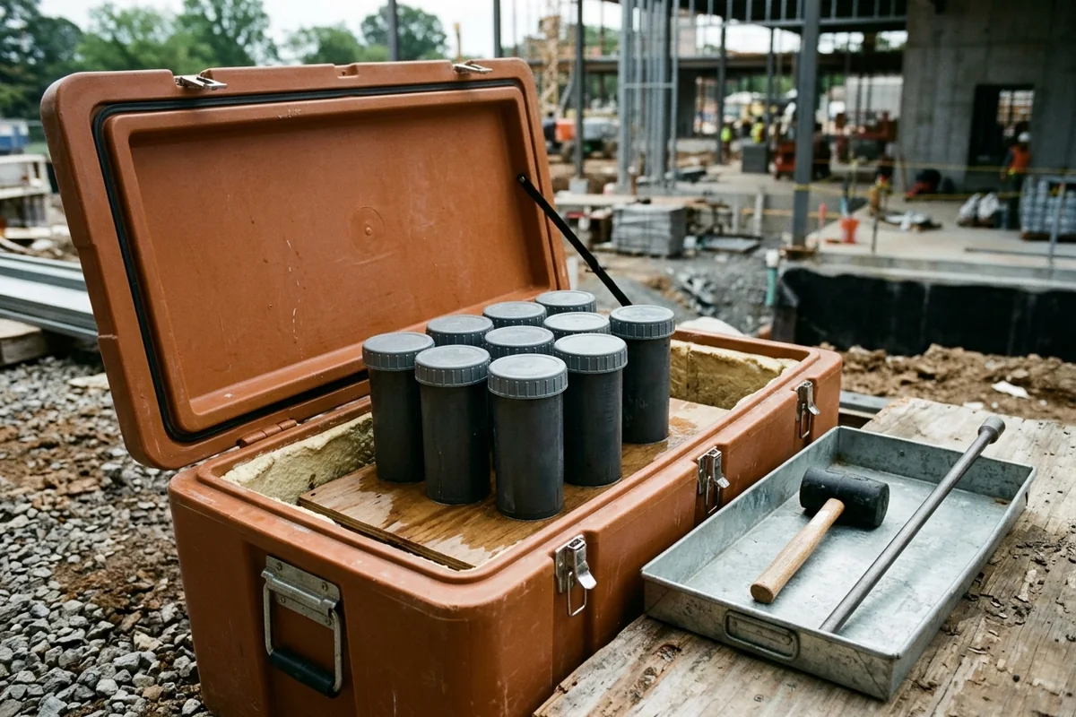 Capped plastic concrete test cylinders resting upright on a level wooden board inside an insulated field curing box