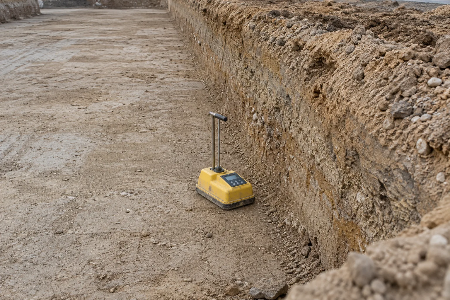 Nuclear density gauge beside an earth wall