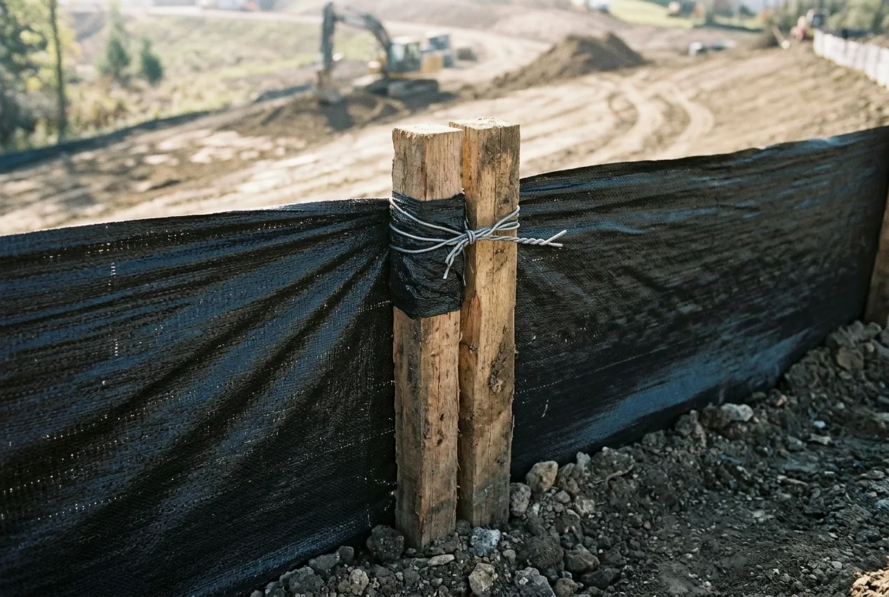 Close-up field photograph of two adjoining black woven silt fence rolls wrapped 360 degrees around two side-by-side wooden stakes driven tightly together on the downslope side and bound at the top with twisted steel wire
