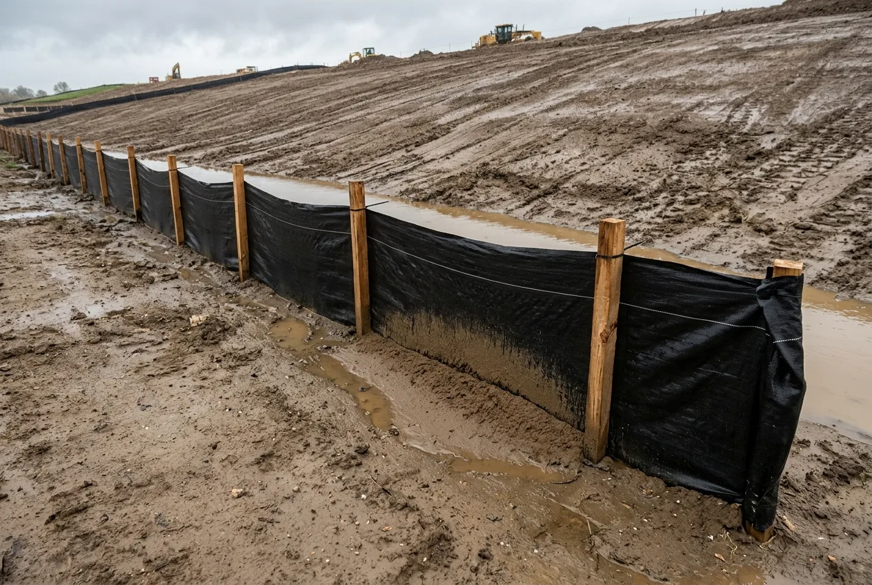 Post-storm civil construction field inspection view of a black woven silt fence curving into an upslope J-hook pocket, impounding muddy stormwater runoff and a settled brown silt wedge on the upslope side while wooden stakes support the dry downslope face