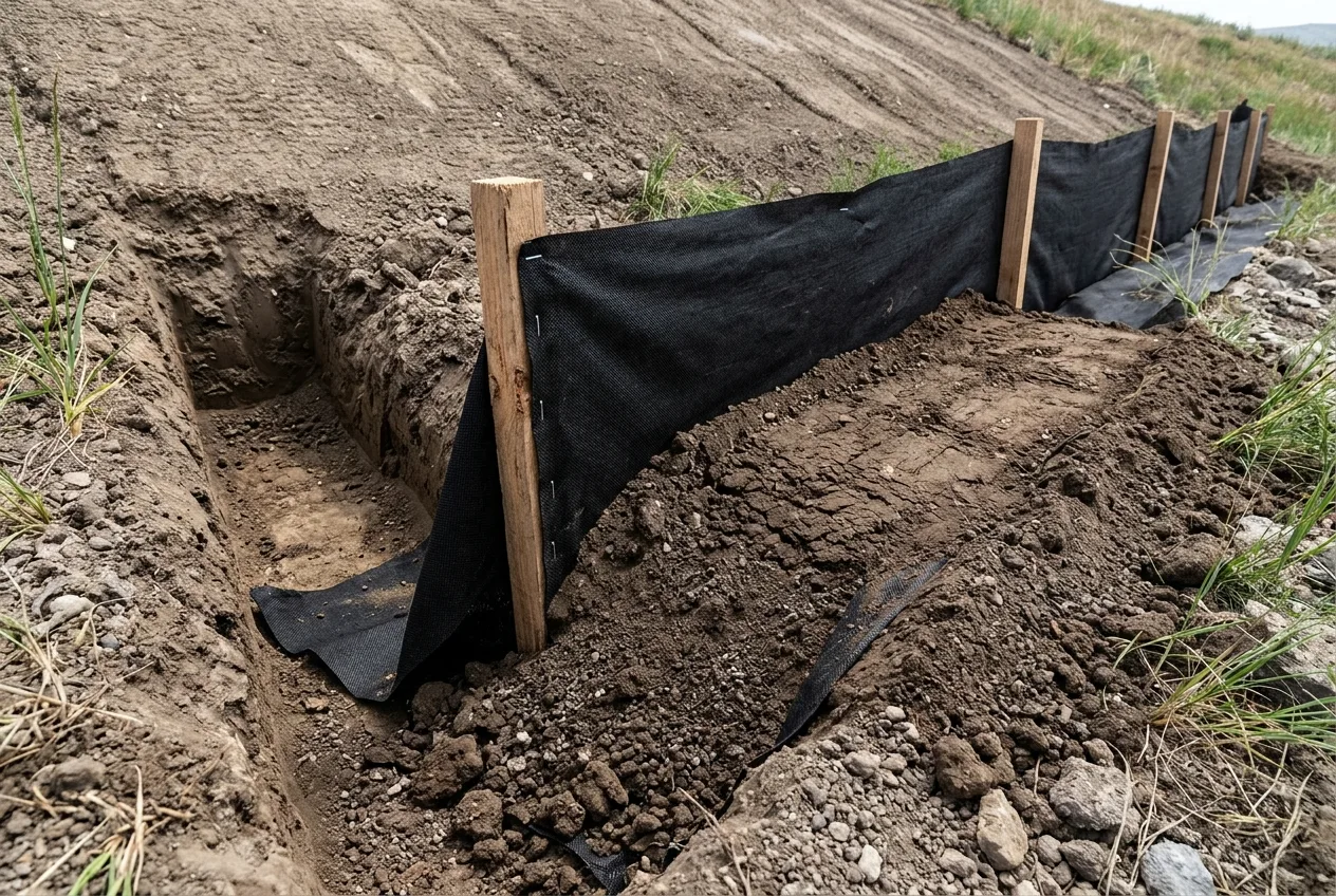 Close-up construction view of a 6 by 6 inch soil anchor trench at the base of a slope with black woven silt fence fabric laid across the trench bottom and compacted soil backfill tamped over the buried flap